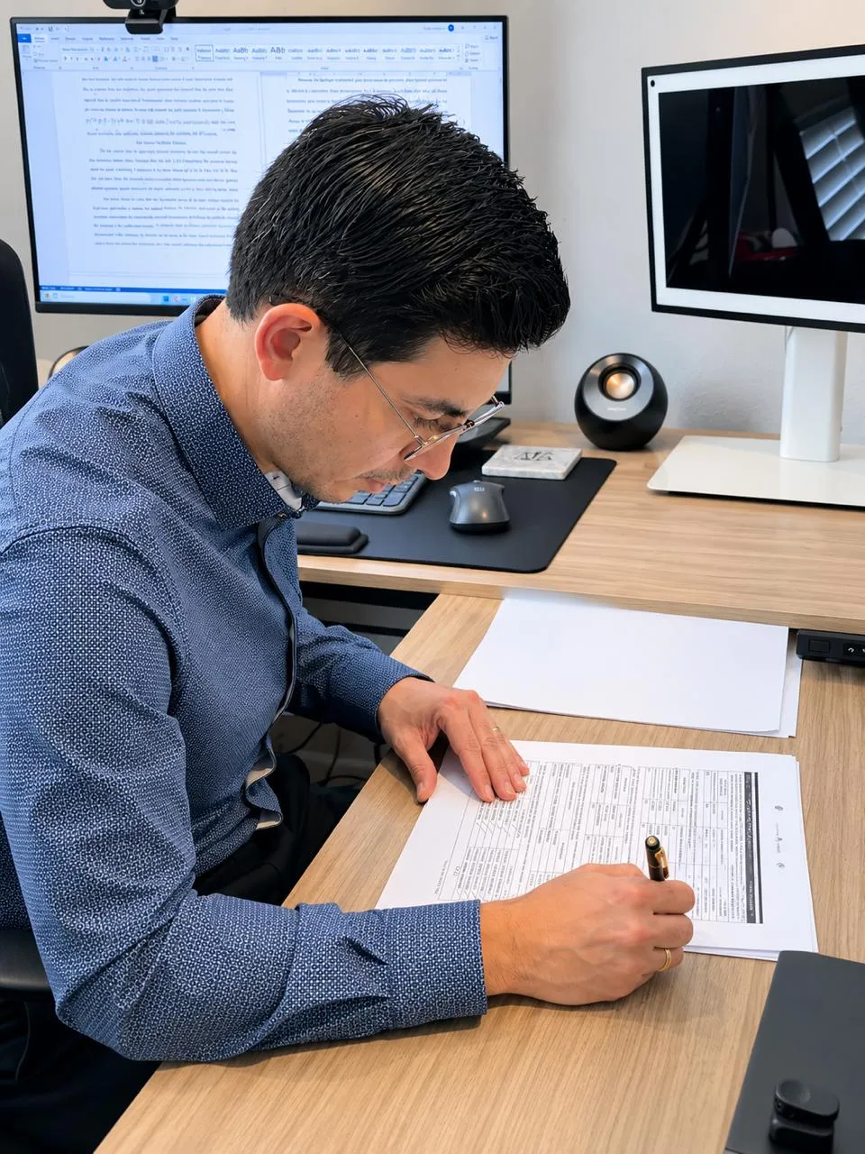 Immigration attorney reviewing case paperwork at the firm's office